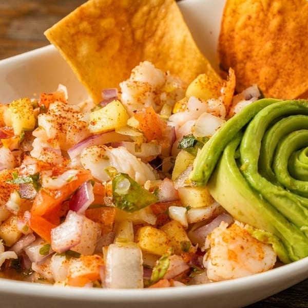 Shrimp ceviche with diced mango, red onion, and a swirl of avocado, served with tortilla chips.