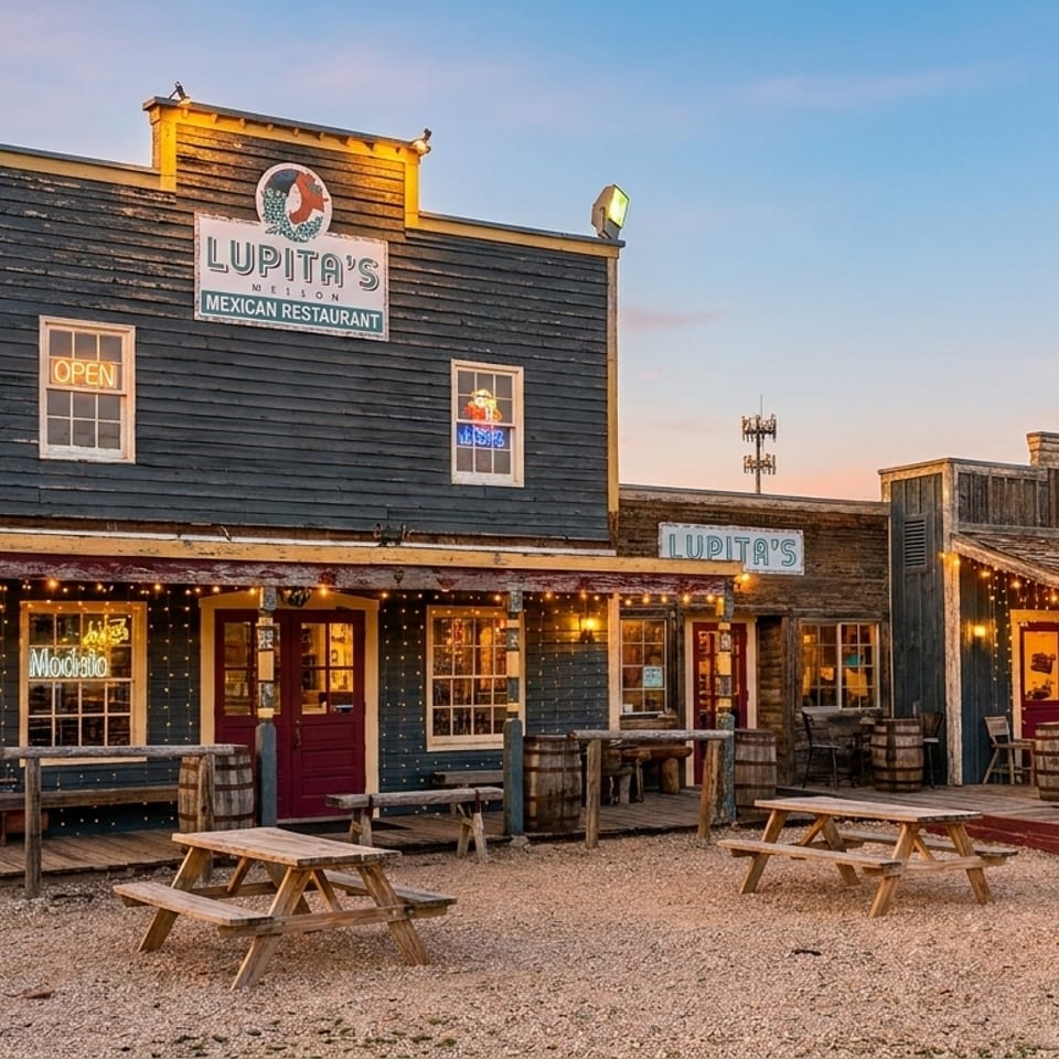 Lupita's Mexican Restaurant, a rustic building with string lights and outdoor picnic tables at dusk.