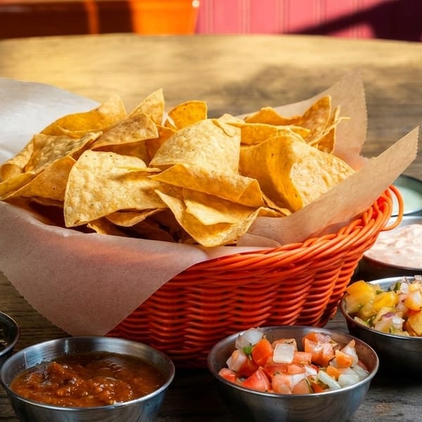 A basket of tortilla chips with five small bowls of various salsas and dips on a wooden table.