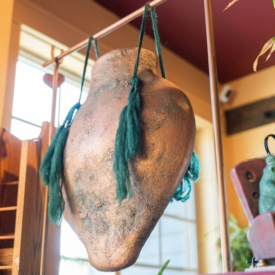 A large, textured, bronze-colored hanging pot with green tassels, next to a frog figurine.
